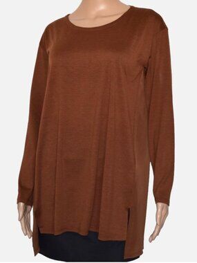 NWOT EILEEN FISHER Brown Silk Cotton Long Sleeve Hi-Low Tunic Size XS